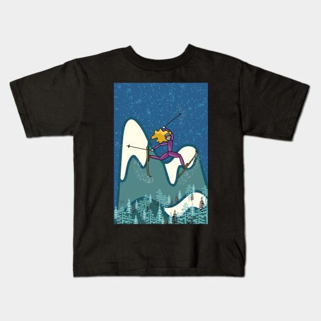 Freestyle woman skier on snowy mountain at dusk Kids T-Shirt by Ipoole